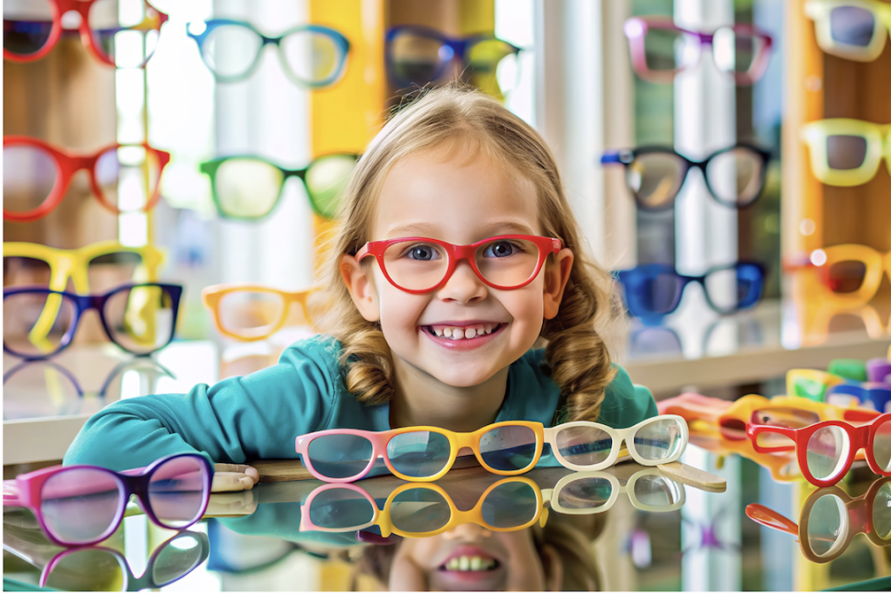 girl in glasses smiling with glasses surrounding her