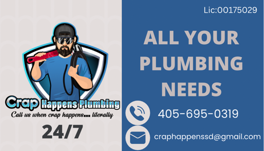 cartoon plumer with crap happens plumbing logo